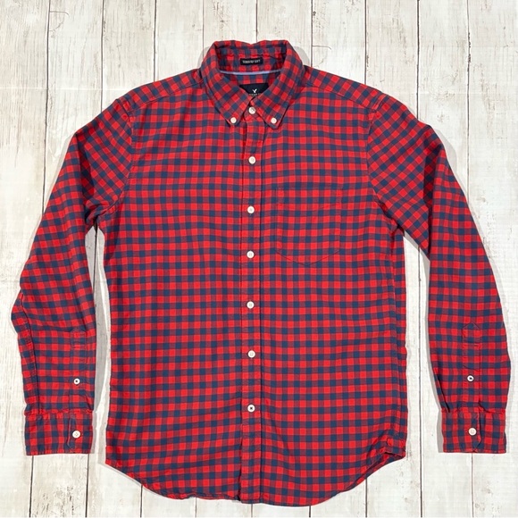 American Eagle Seriously Soft Button Down Plaid Shirt, Red, Mens Small - Picture 2 of 8